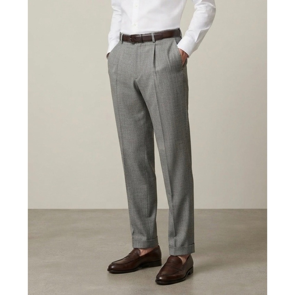 Berle Mens Grey Wool Pleated Dress Pants Cuffed Houndstooth Trousers 35Rx30